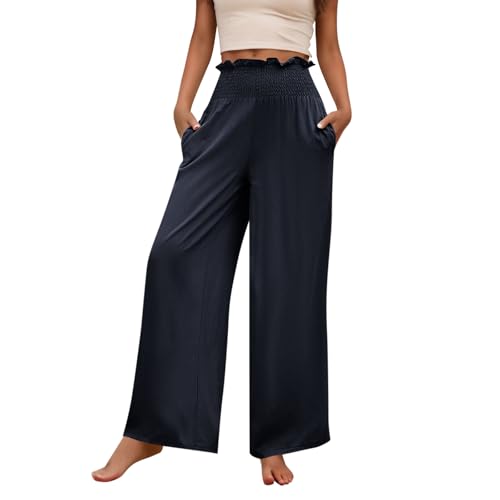 Womens Summer Pants Baggy Trendy High Rise Wide Leg Pants Palazzo Stretch Elastic Solid 2025 Outfit Ruched with Pocket