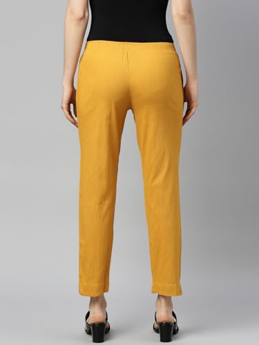Image of MINELLI Women Solid Cigar Pants, Cotton Lycra Slub Fabric, Elasticated Waistband, Pull On Style, Regular Fit Bottom Wear for Western and Ethnic Wear