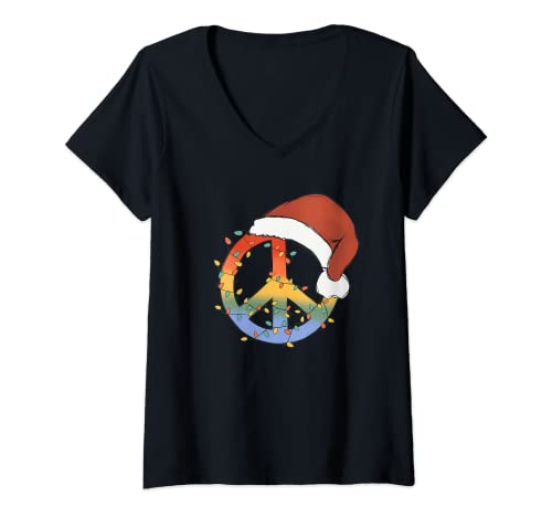 Mujer Signo de paz Luces de Navidad Navidad Paz Camiseta Cuello V