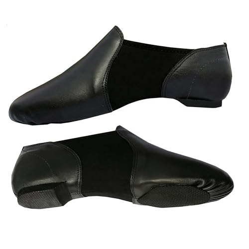 Slip On Jazz Dance Shoes - Pure Black Leather - Modern Stage Rubber Heel - Neoprene - Irish Dancing Pumps - Girls and Women