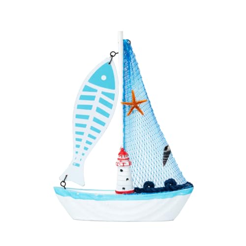 Image of Wooden Decorative Sailboat Nautical Model Showpiece - 15x4x22 cm | Miniature Sailing Boat Showpiece for Home Decor, Living Room, Office & Table Desk Decoration | Light Blue Border-Big Fish