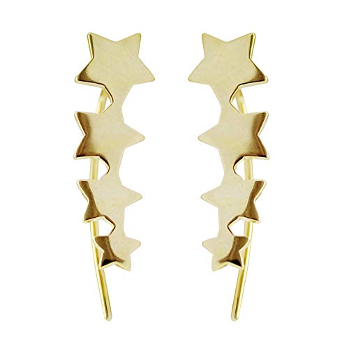 4 Star Cuff Wrap Earrings for Women Teen Girls S925 Sterling Silver 18K Gold Plated Sweep Up Crawler Climber Hypoallergenic Hook Pin Piercing Ear Cute Personalized Jewelry Best Friend Fashion Gifts