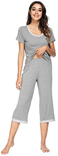 Wiwi Bamboo Pajamas Set For Women Short Sleeve Tops Capri Pants Sleepwear Summer Lightweight Plus Size Pjs Sets S-3X, Heather Grey, Small #TOP2