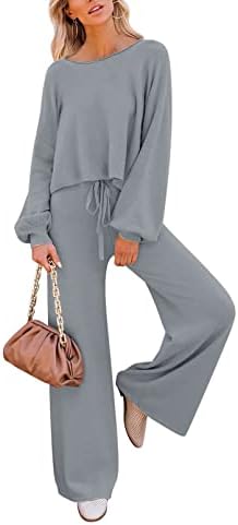 Ceuplon Women Ribbed Tracksuit 2 Piece Casual Crew Neck Solid Color Sweatsuit Lounge Pajamas Set Leisure Wear Gray L