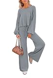 Ceuplon Women Ribbed Tracksuit 2 Piece Casual Crew Neck Solid Color Sweatsuit Lounge Pajamas Set Lei