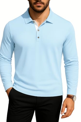 KUYIGO Men’s Polo Shirts Slim Fit Soft Long Sleeve Golf Tennis T-Shirts Small Sky Blue