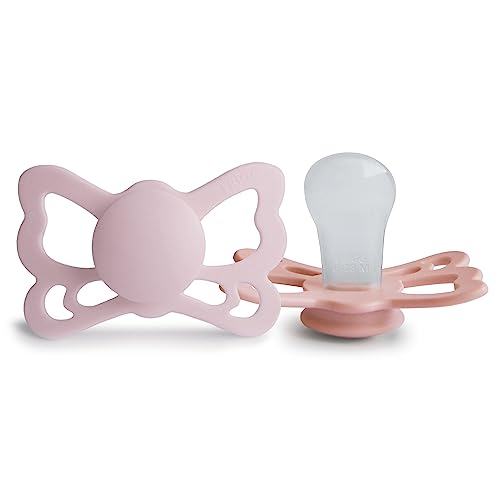 Image of FRIGG Butterfly Anatomical SilkySoft Silicone Baby Pacifier | Made in Denmark | BPA-Free (Pretty in Peach /Primrose, 6-18 Months)