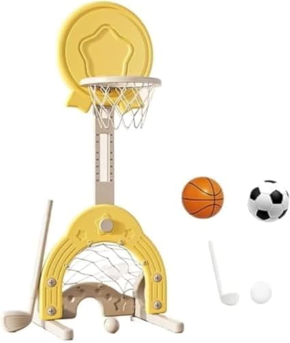 Ghbunuz ミニ 3in1 バスケットゴール 子供用 バスケットボールフープセット ボックス早期教育のおもちゃラック 高さ調節可能 (バスケット サッカー ゴルフ付き) 室内 屋外用 (イエロー)