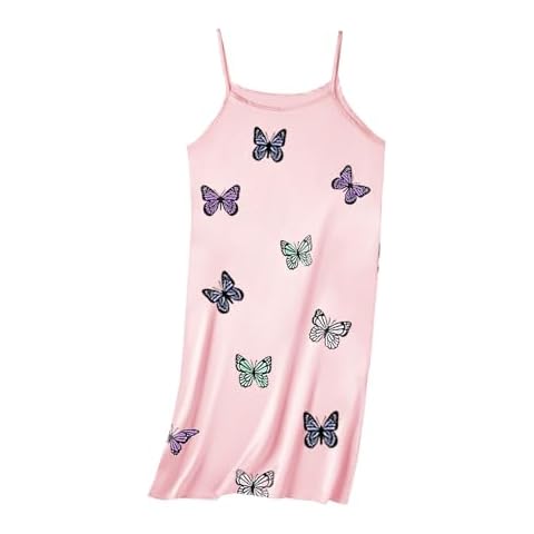 Umeyda Girls' Satin Silky Nightgown Sleeveless Spaghetti Strap Pajamas Dress for Kids Sleepwear, Pink Butterfly, 6-7Y = 130 Cover