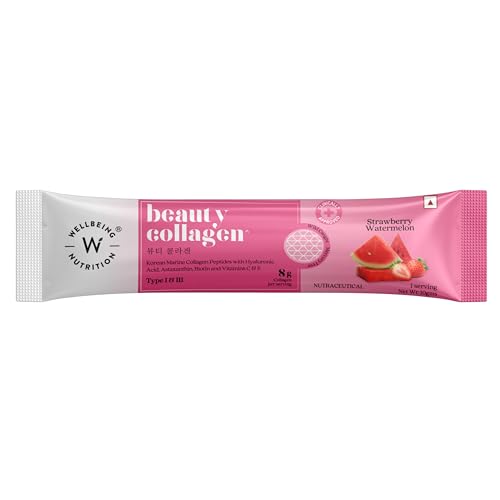 Wellbeing Nutrition Beauty Korean Marine Collagen | Type 1 & 3 Peptides, Hyaluronic Acid, Astaxanthin, Biotin, Vit C | Hydration, Elasticity, Hair Growth | Strawberry Watermelon 1 Sachet