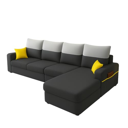 Image of FURNY Premium Amega 6 Seater Fabric RHS L Shape Sofa Set for Living Room with Dual Color Cushions (Dark Grey)