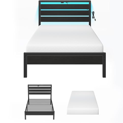 Rolanstar Twin Bed Frame with 6 Inch Gel Memory Foam Mattress, LED Metal Platform Bed with USB...