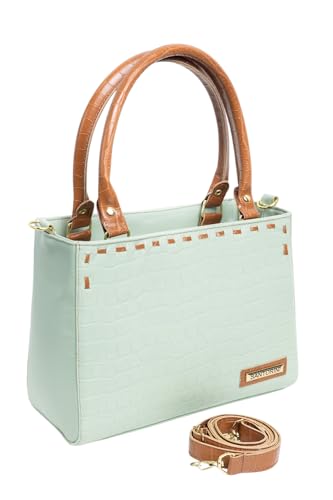 Bolsa Santorini Média Tote Croco Feminina Versátil, Fechamento em Zíper, Bolso Interno com Zíper, com alça transversal (Marrom-Verde-Claro)