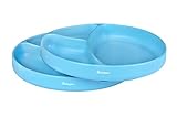 Bakerpan Silicone Toddler Plate with Suction Base, 3 Sections Baby Feeding Plate, Set of 2 (Blue)