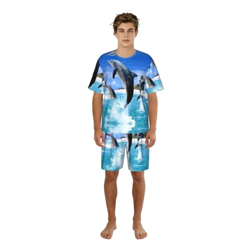 Pyjama dauphin homme : ensemble d'été short et manches courtes imprimé animaux marins
