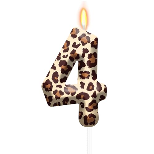 Cheetah Print Birthday Candles, Leopard Print Number 4 Candle Cake Topper for Birthday Party Cake Decoration, Reunions Theme Party Supplies