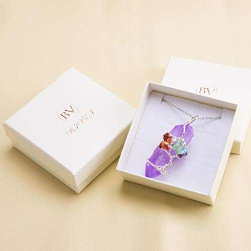 Bivei Tree of Life 7 Chakra Gemstone Copper Wire Wrap Irregular Clear Quartz Point Crystal Pendant Necklace(Silver Plated Chakra-Titanium Coated Purple) - Thumbnail 5