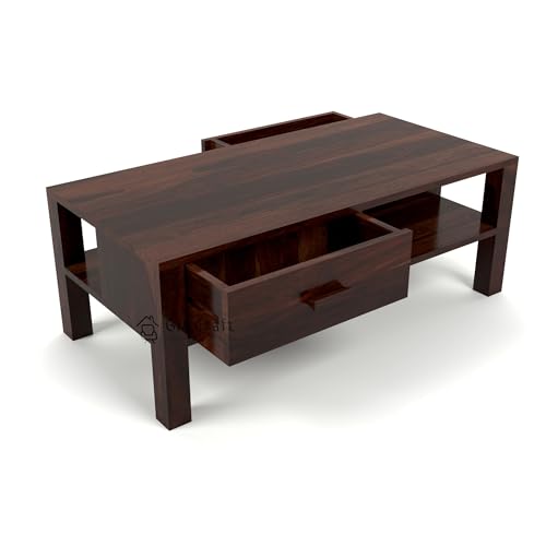 Image of Sheesham Wood Coffee Table for Living Room | Wooden Center Table with Drawer & Shelf Storage | Modern Solid Wood Teapoy Table for Sofa | 43x23.5x16 Inch | Home | Walnut Finish