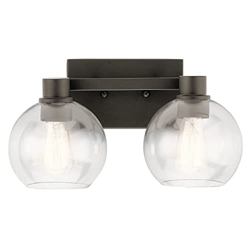 Image of Kichler Harmony 2-Light Bathroom Vanity Light Fixture, 15.5 inch Steel Bath Light with Curved Arms and Sculpted Sockets in Olde Bronze for Damp Locations Over Mirror, 45887NI