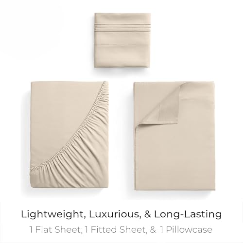 Image of Mellanni Twin Sheets Set - 3 PC Iconic Collection Bedding | Hotel Luxury, Extra Soft, Cooling Bed Sheets - Wrinkle, Fade, Stain Resistant (Twin, Beige)