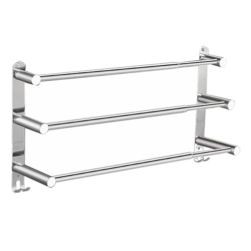 Stainless Steel Towel Rail 3 Tier Adjustable Retractable Towel Hanger Expandable Polished Towel Bar with 2 Hooks Multi-Function Wall Mounted Towel Holder for Bathroom Shower 2 Installation Methods