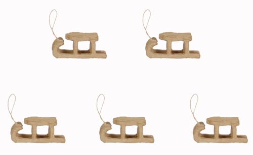 Décopatch NO047Cpack - Lot de 5 Luges à suspendre et à décorer en papier mâché brun - 10x3,5x4 cm