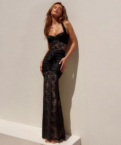 Image of ABINGOO Womens Sexy Halter Backless Maxi Dress Lace Ruched High Slit Summer Dresses Party Cocktail Prom Long Dress