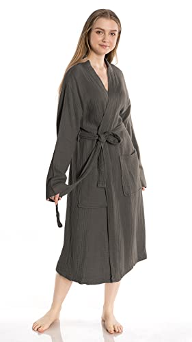 Image of Muslin Unisex Bathrobe Women & Men, 100% Cotton Kimono Lightweight Robe | Long Robes Soft, Absorbent, Spa robes