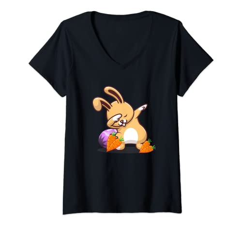Mujer Dabbing Rabbit Happy Easter Day Huevos zanahorias niños niñas niños Camiseta Cuello V