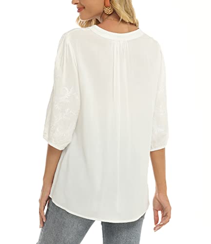 Higustar Elegant Summer Peasant Tops For Women Mexican Embroidery White Solid Shirts Loose Fit Casual V Neck 3/4 Sleeve Tunics Blouses (White, 2Xl) #TOP4