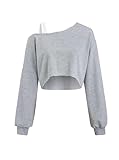 Remidoo Womens Off The Shoulder Cropped Sweatshirt Asymmetric Collar Patchwork Long Sleeve Pullover Top Grey Large