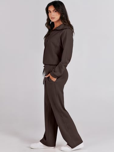 ANRABESS Women’s 2 Piece Outfits Half Zip Sweatshirt & Wide Leg Pants Airport Travel Lounge Matching Sets Sweatsuits Clothing Coffee Medium - Image 3