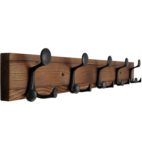 WEBI Coat Rack Wall Mount,30" Solid Wood Coat Hooks Wall Mounted Coat Hanger,16" Hole to Hole,Heavy Duty Hook Rack,5 Triple Hooks for Hanging Coats,Jacket,Hat,Backpack,Farmhouse,Brown