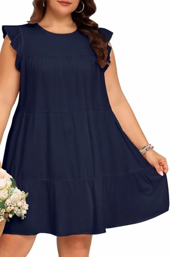 Image of Holipick Women's Plus Size Summer Dresses Casual Short Dress Babydoll Ruffle Sleeve Swing Flowy Sleeveless Tunic Dress
