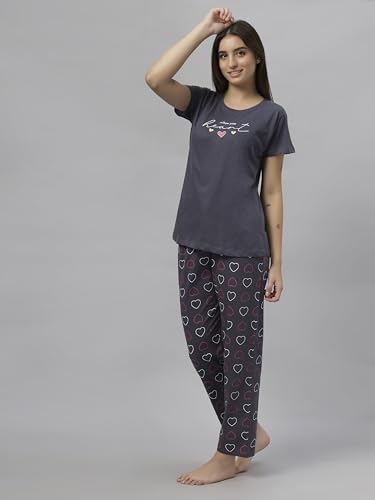 Image of DZZO Women's Cotton Printed Night Suit Set of T-Shirt & Pyjama, Night wear Dress, Relaxed wear for Women /Girls