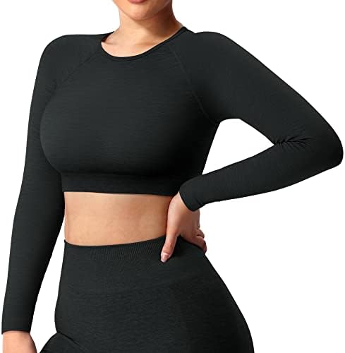 YEOREO Seamless Long Sleeve Crop Gym Shirts for Women Workout Yoga Tops (#0 Black,Medium)