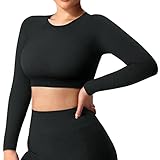 YEOREO Seamless Long Sleeve Crop Gym Shirts for Women Workout Yoga Tops (#0 Black,Medium)