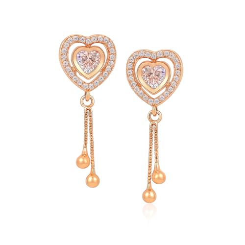 Image of Nilus Collection Rose Gold Plated Heart Design Dangling Earrings with American Diamond Stones For Women And Girls | Gift For Her | Rose gold wedding gift |Romantic gift for women
