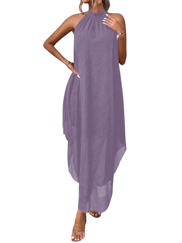 Verdusa Women's Wedding Guest Dress Halter Flowy Chiffon Asymmetrical Long Summer Prom Dress