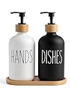 Beautiful Kitchen Hand and Dish Soap Dispenser Set with Wooden Base | Dispenses Dishsoap and Hand Wash Liquid | Black Fortified Glass Bottles with Pump | Refillable | Stylish Black White