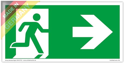 Schild Notausgang | extra langnachleuchtend | PVC selbstklebend 297x148mm | gemäß ASR A1.3 DIN 7010 DIN 67510 | Notausgangsschild Pfeil rechts | Fluchtwegschild Rettungsweg | Dreifke® extra 160