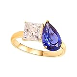 Anello Donna San Valentino, Anello Fidanzamento con Goccia d'Acqua 7x11mm 3Ct Zaffiro Blu E Moissanite Quadrata Oro Giallo 18K Taglia 8