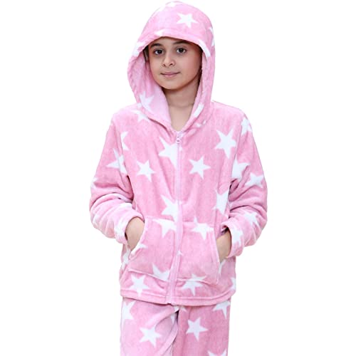 Girls Stars Print Fleece Extra Soft Loungewear Trendy Fashion Zipped Top Flannel Fleece Hooded PJS Outfit Set4