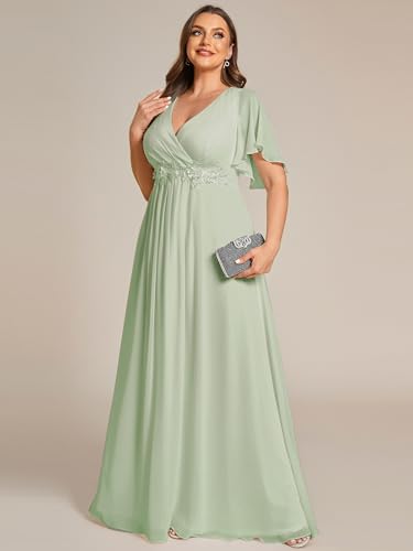 Image of Ever-Pretty Short Sleeves V Neck Plus Size Formal Dresses for Curvy Women Chiffon Mother of The Bride Dress Evening Gowns