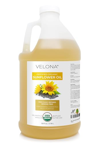 velona USDA Certified Organic Sunflower Oil - 1 Gallon / 128 Fl Oz | 100% Pure and Natural Carrier Oil | High Oleic, Refined| Cooking, Skin, Hair, Body & Face Moisturizing