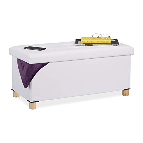 relaxdays cassapanca Panca con Contenitore, in finta pelle, Imbottita, Corridoio, Camera da Letto, HxLxP: 35 x 76 x 37 cm, Bianca, legno, gommapiuma, 1 pz