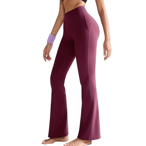 RUNNING GIRL Flare Pants with Pockets, High Waist Yoga Pants Buttery Soft Bootcut Wide Leg Leggings for Women Maroon Large