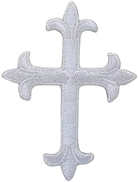 Small White Fleur De Lis Cross Embroidered Iron on Patch