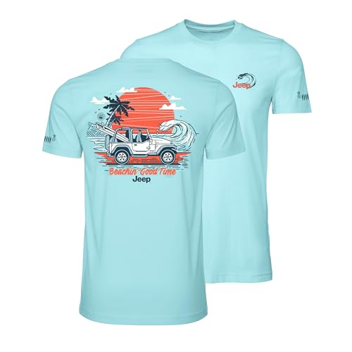 Jeep Premium Beachin Good Time T-Shirt with Surfboard & Pineapple Grille Logo on Sleeve (Blue Large)