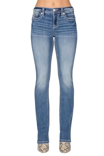 Miss Me Women's V Geometric Abstract Stitch Faux Flap Pockets Mid-Rise Straight Jeans2
